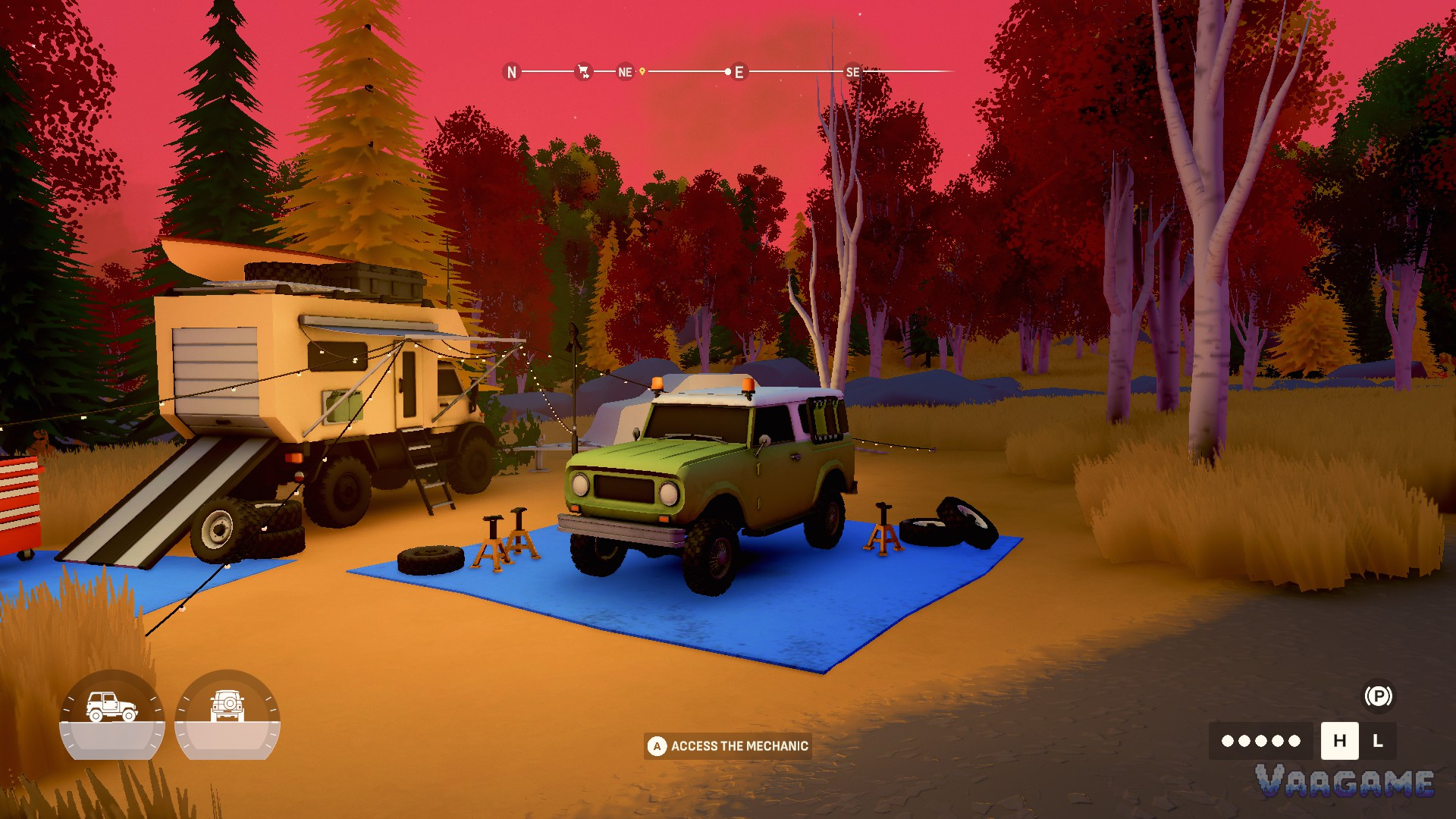 A wagon on the work mat at a mechanic stop in an autumn forest at dusk, the mechanic prompt on screen