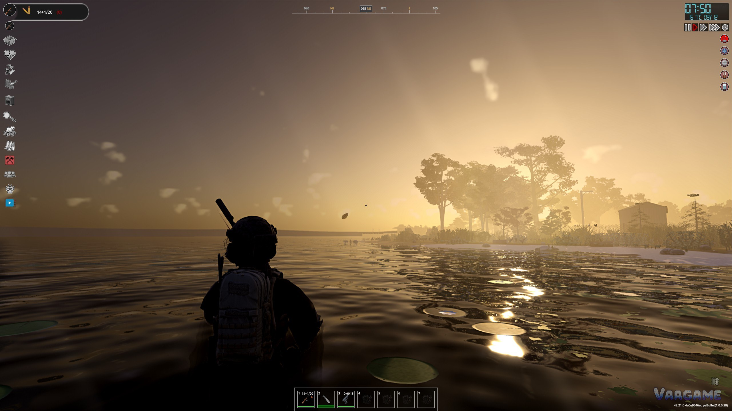 Third person at a lakeshore at sunrise, sun glitter on the water
