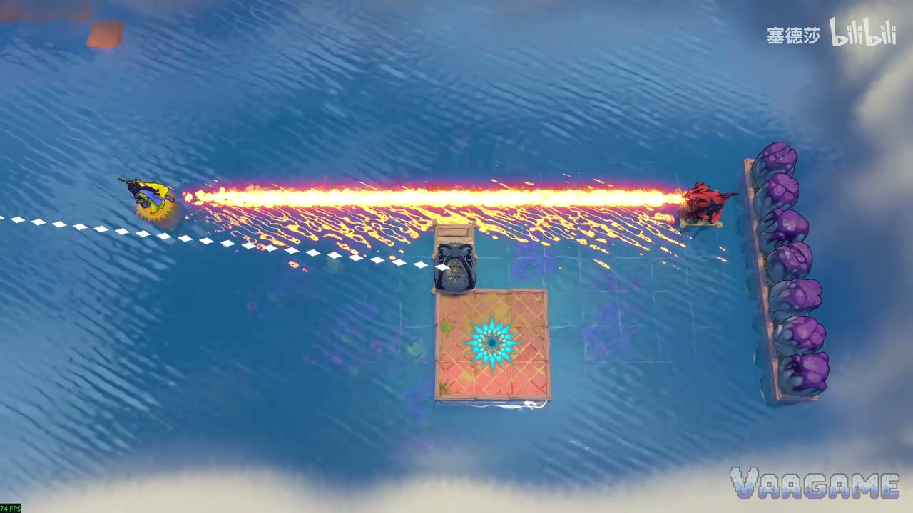 A gold-cloaked hero holds position in open water, directly inside a dragon's jet of flame