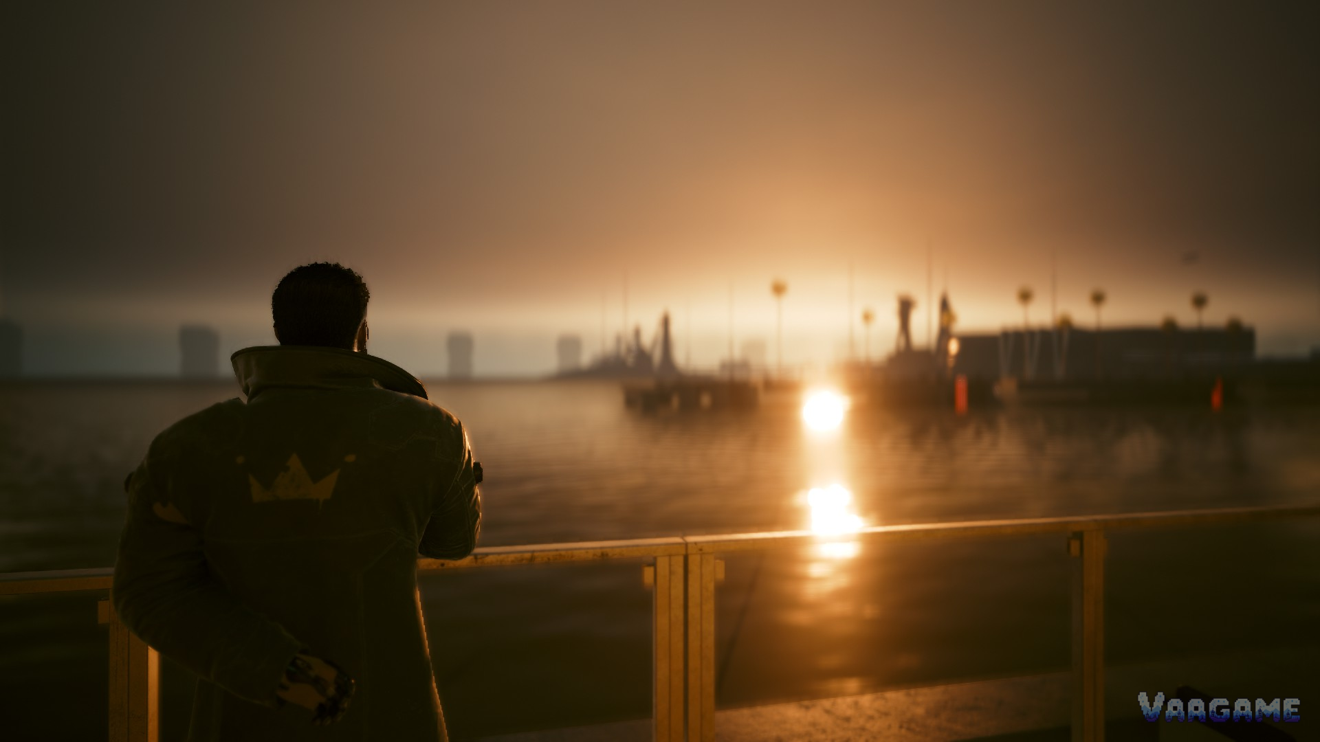 A character watching the sunset over water in Cyberpunk 2077
