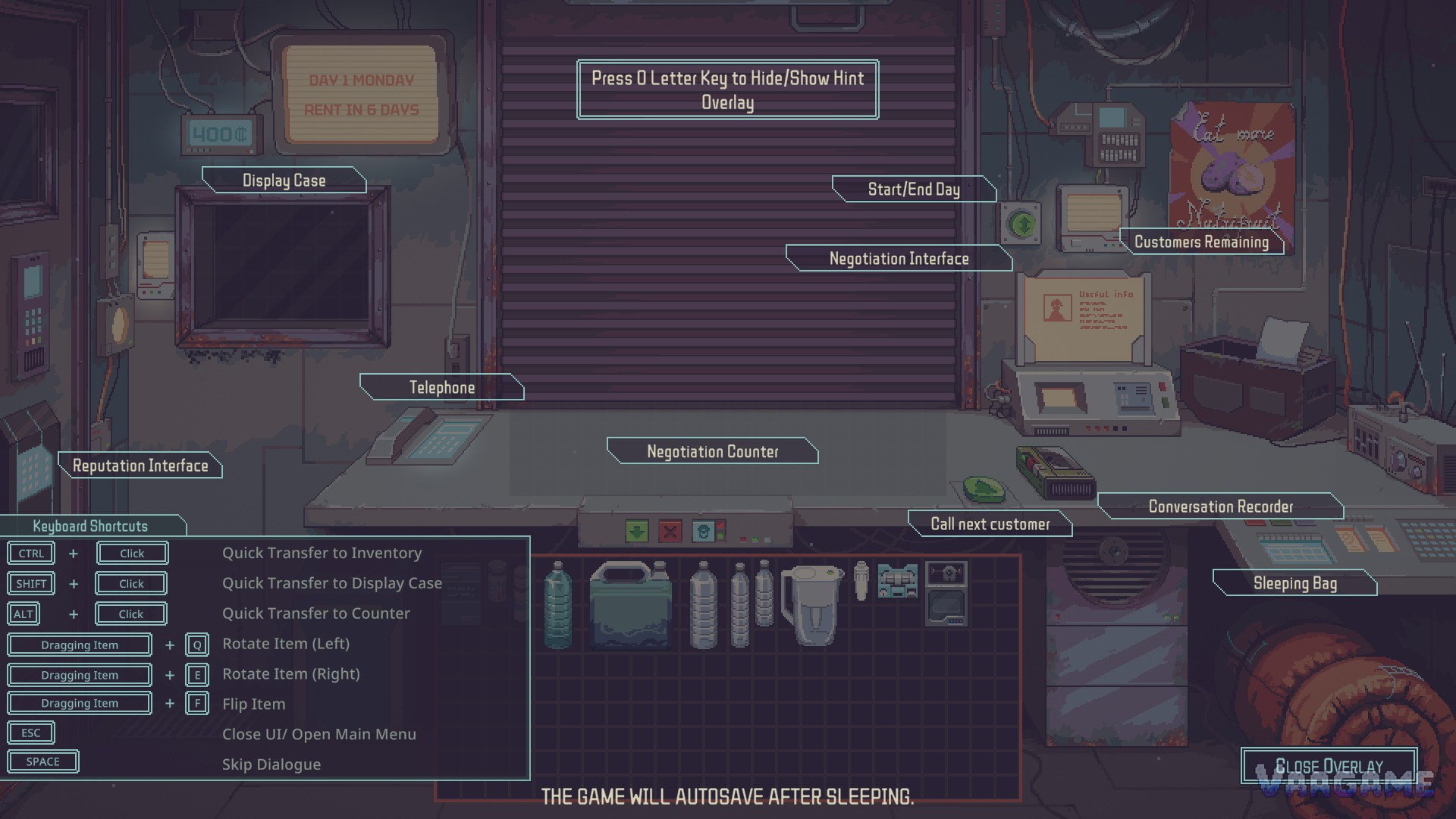 The hint overlay labels the whole shop and lists the shortcuts