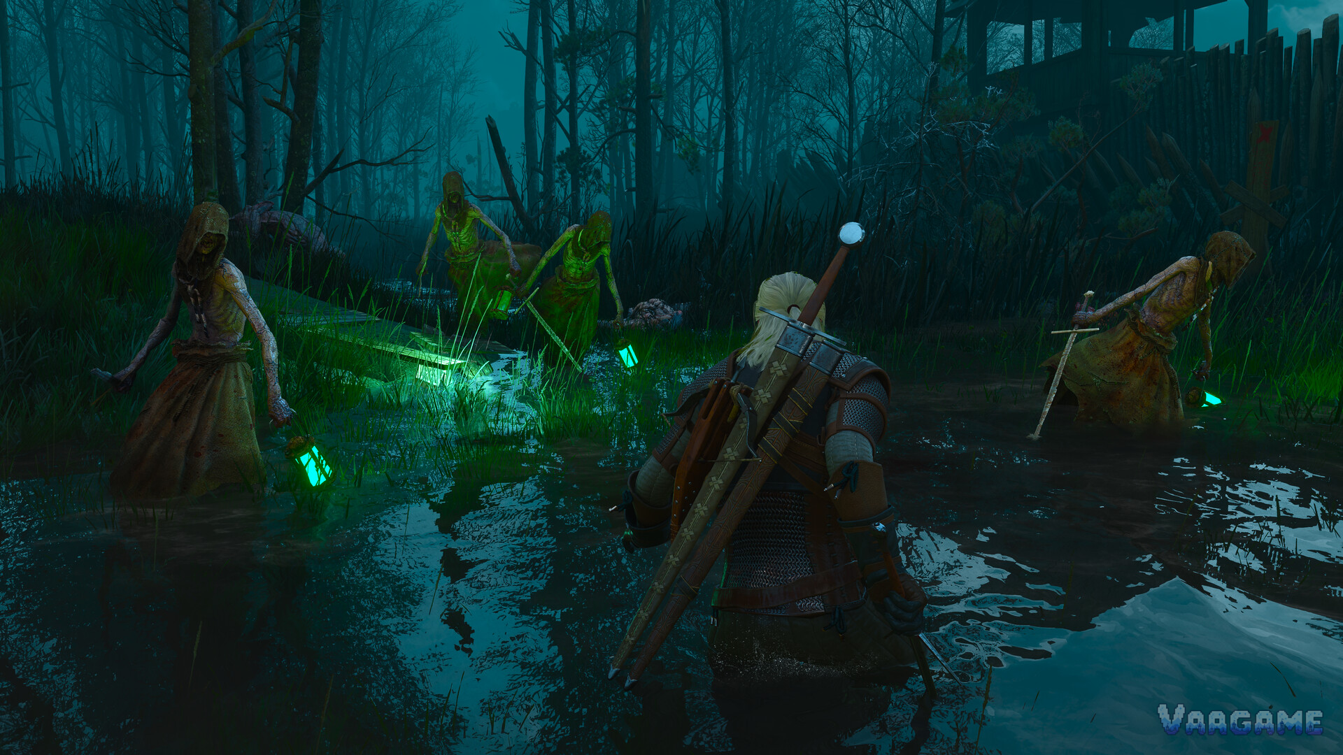 Geralt facing grave hags in a dark Velen swamp at night