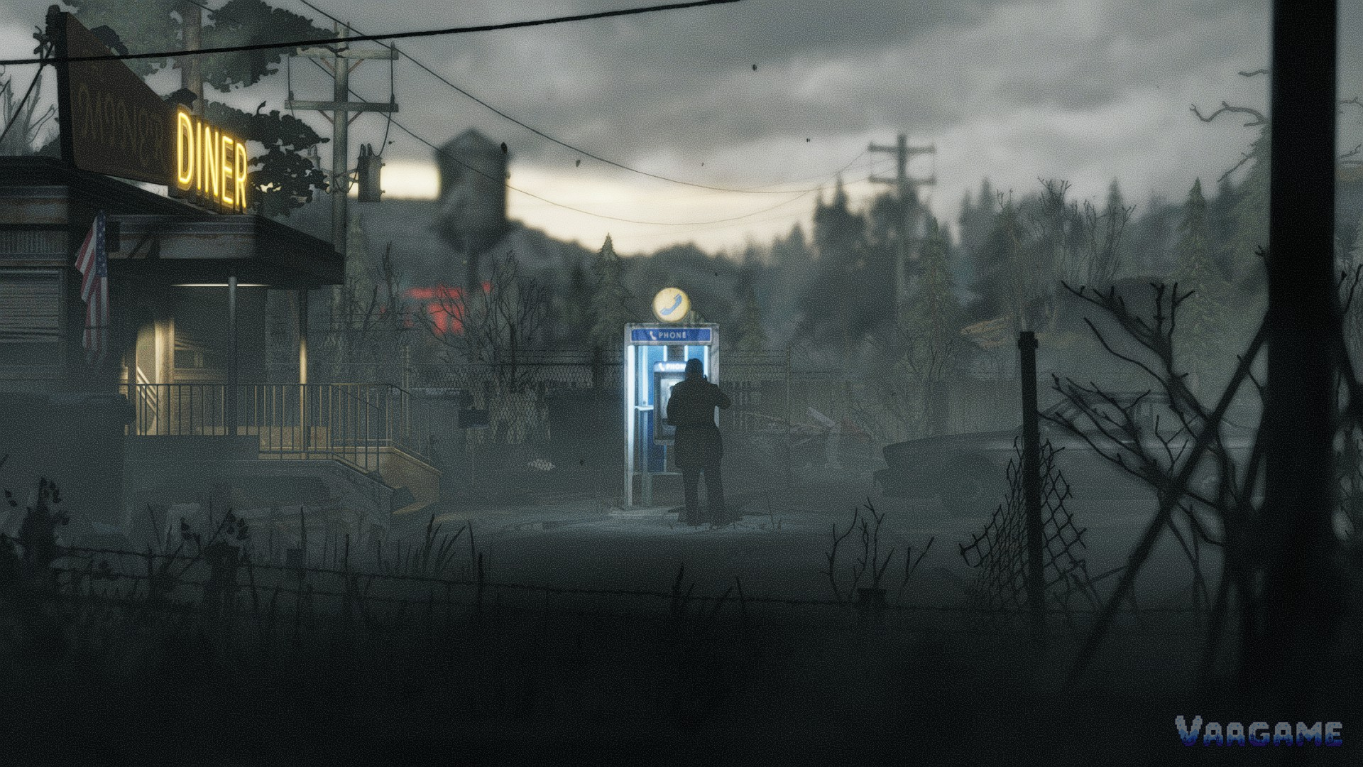 Red Walker saving at a payphone outside the Miner Diner