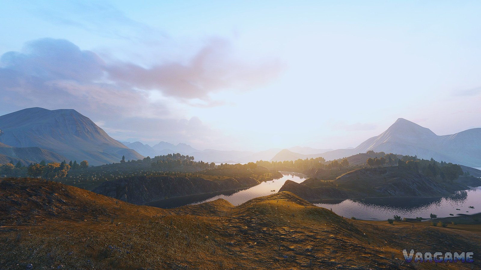 A wide valley landscape in Bannerlord Calradia