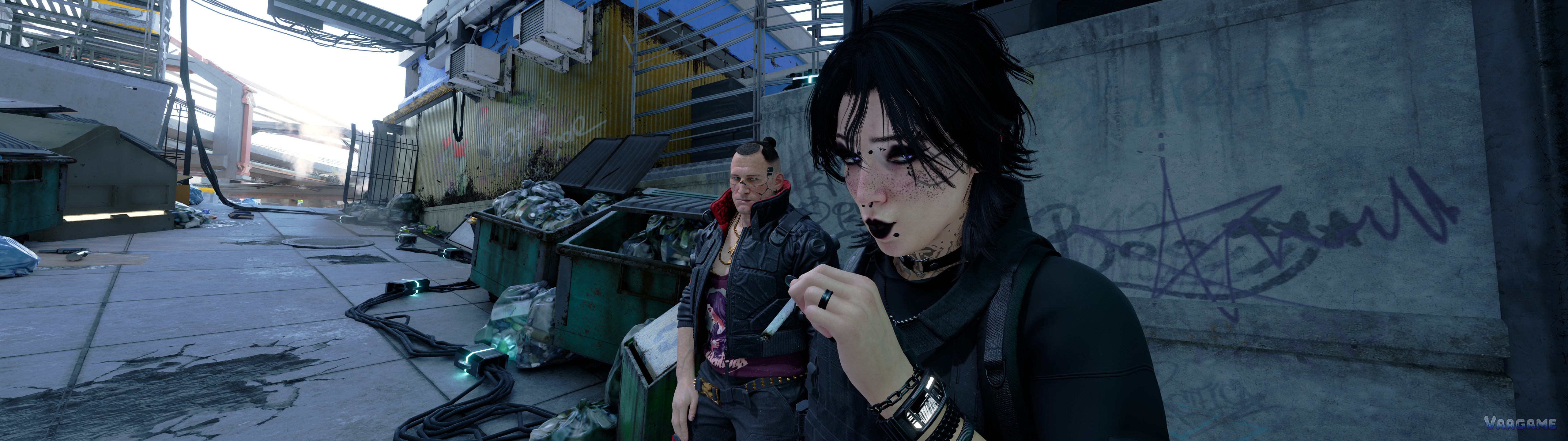 V and another character on a Night City street in Cyberpunk 2077