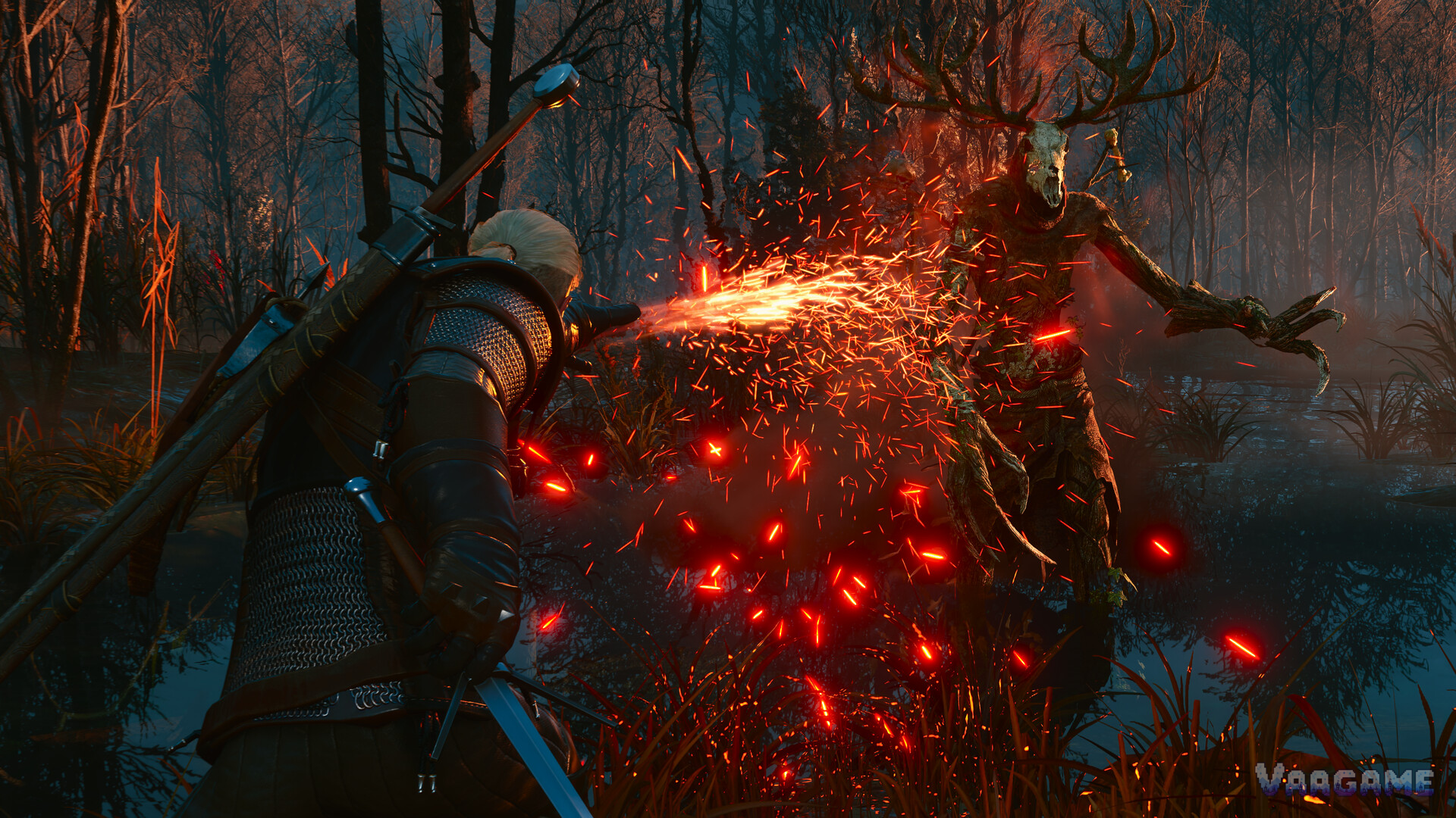 Geralt casting Igni at a leshen in a swamp forest at dusk