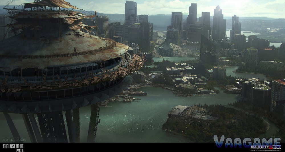 The Last of Us Part II official concept art, the ruined Space Needle over flooded downtown Seattle