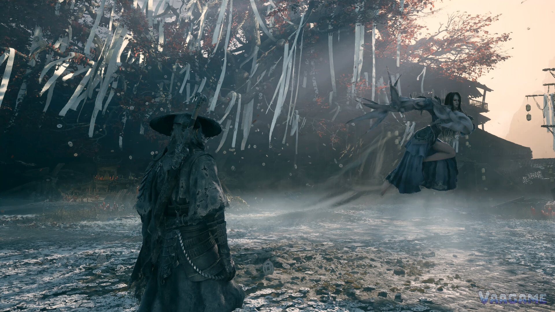 Soul faces a floating ghostly woman among prayer ribbons