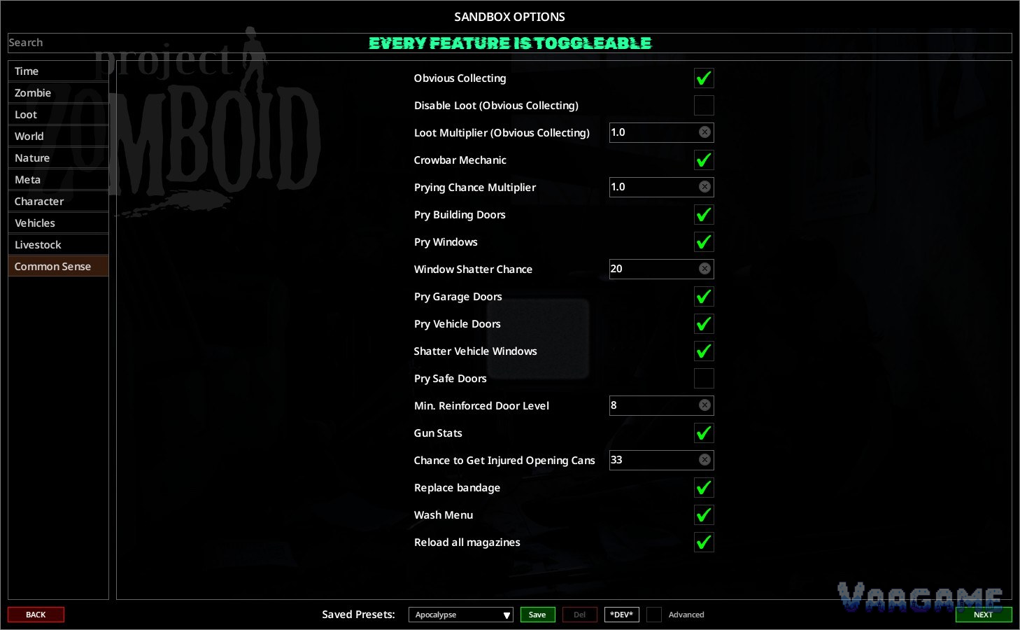 Common Sense sandbox options: crowbar prying for doors, windows and vehicles, each with its own toggle