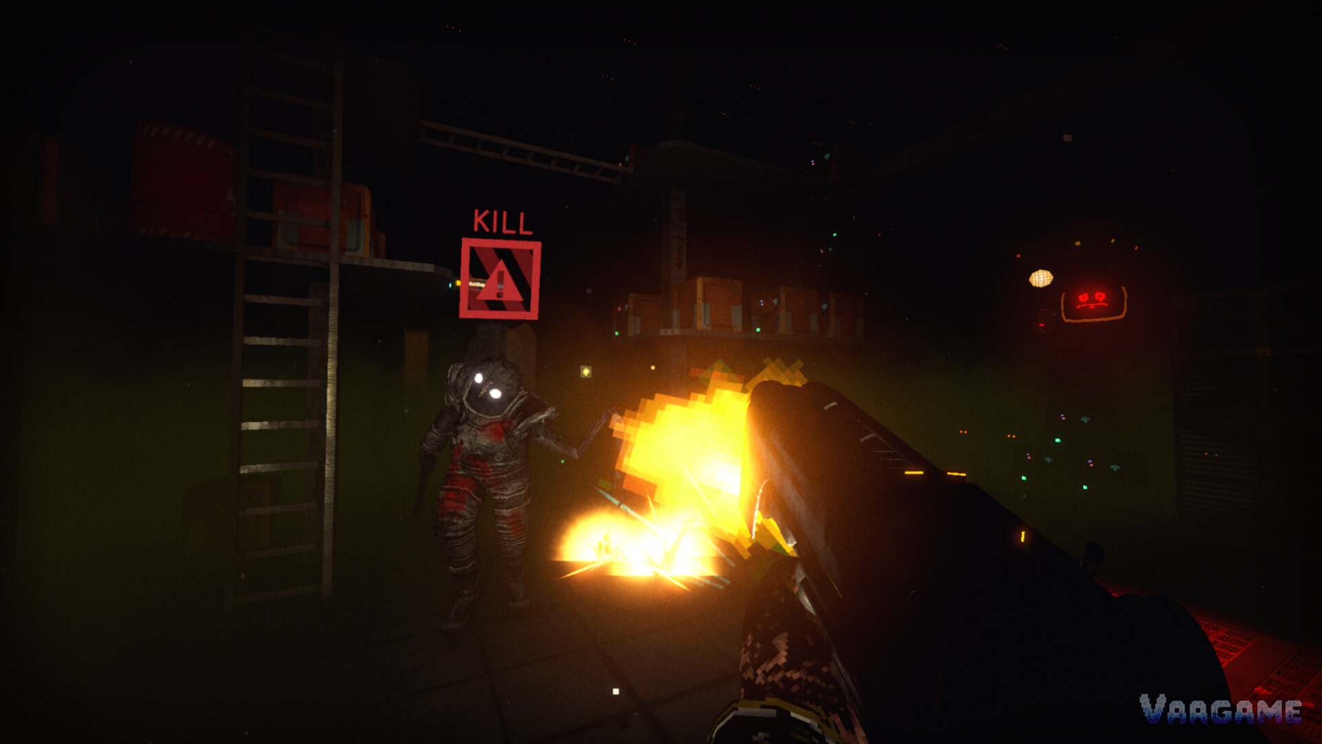 Fighting beside a ladder in a dark storage area
