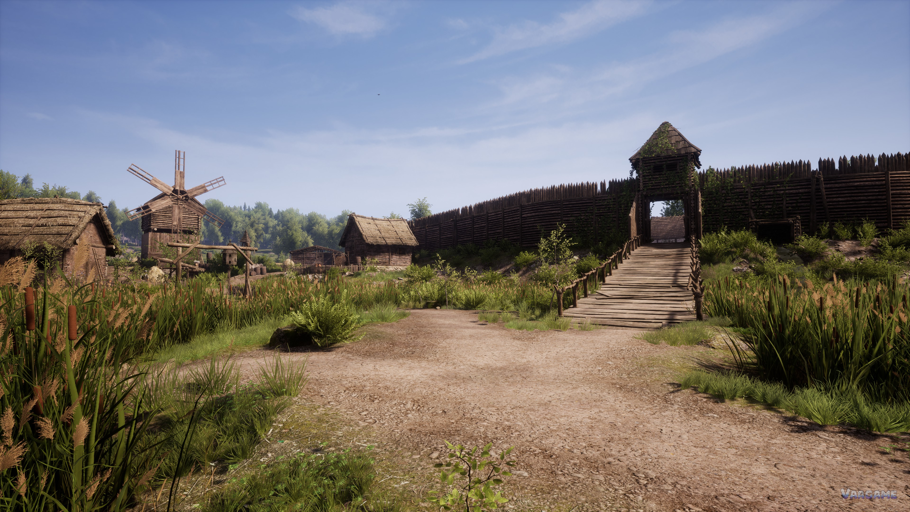 Palisade gate and windmill