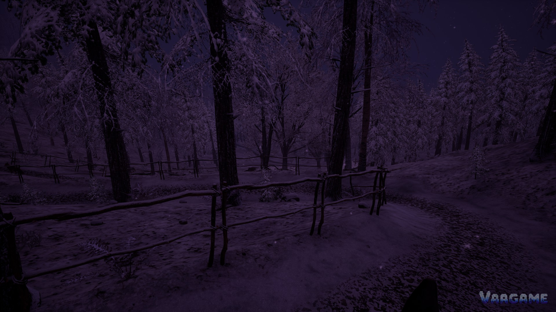 Winter night forest with a wooden fence