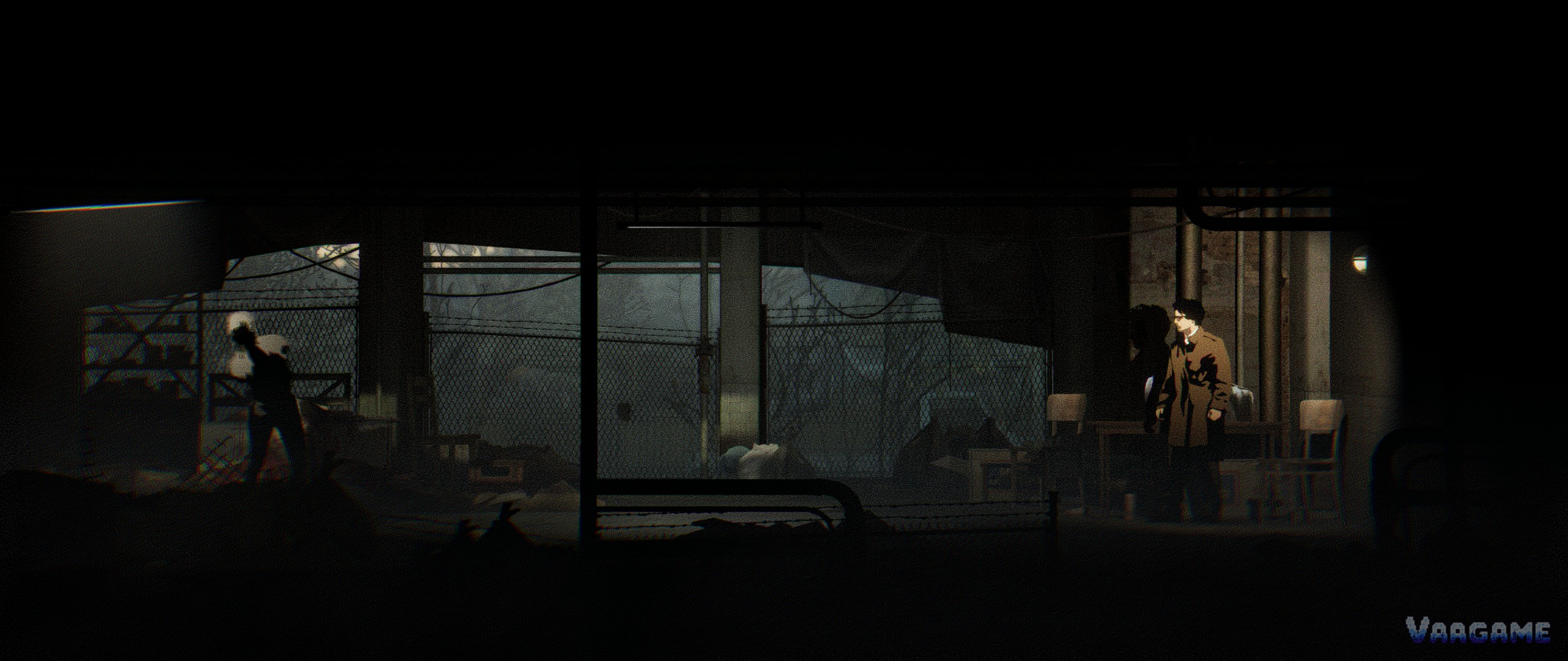 An enemy silhouette in a dark warehouse in Silver Pines