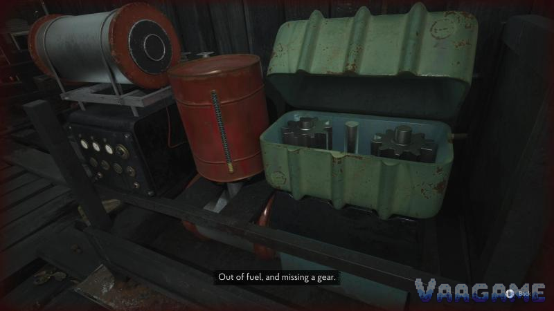 Inspect the engine to identify the missing fuel and gear.