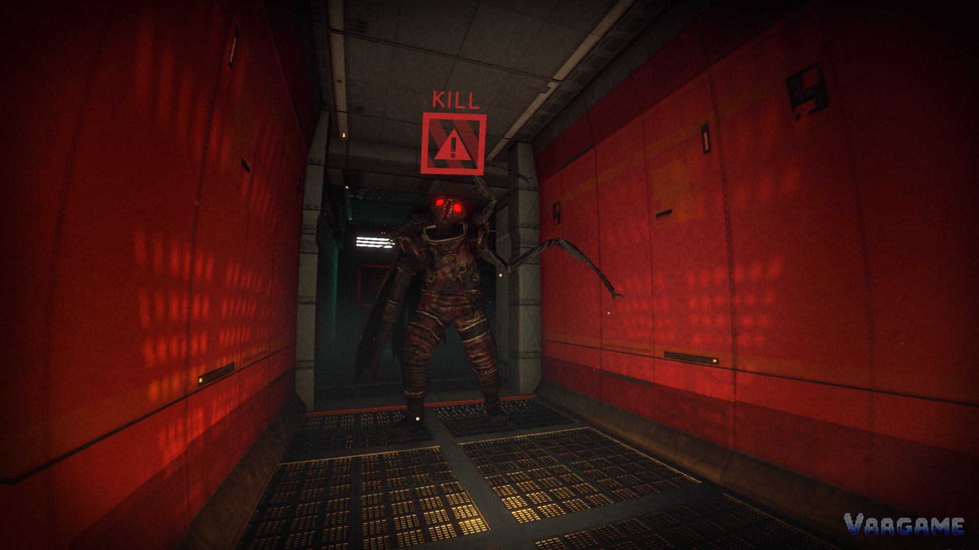 A moth mutant blocks a red-lit corridor under a KILL sign