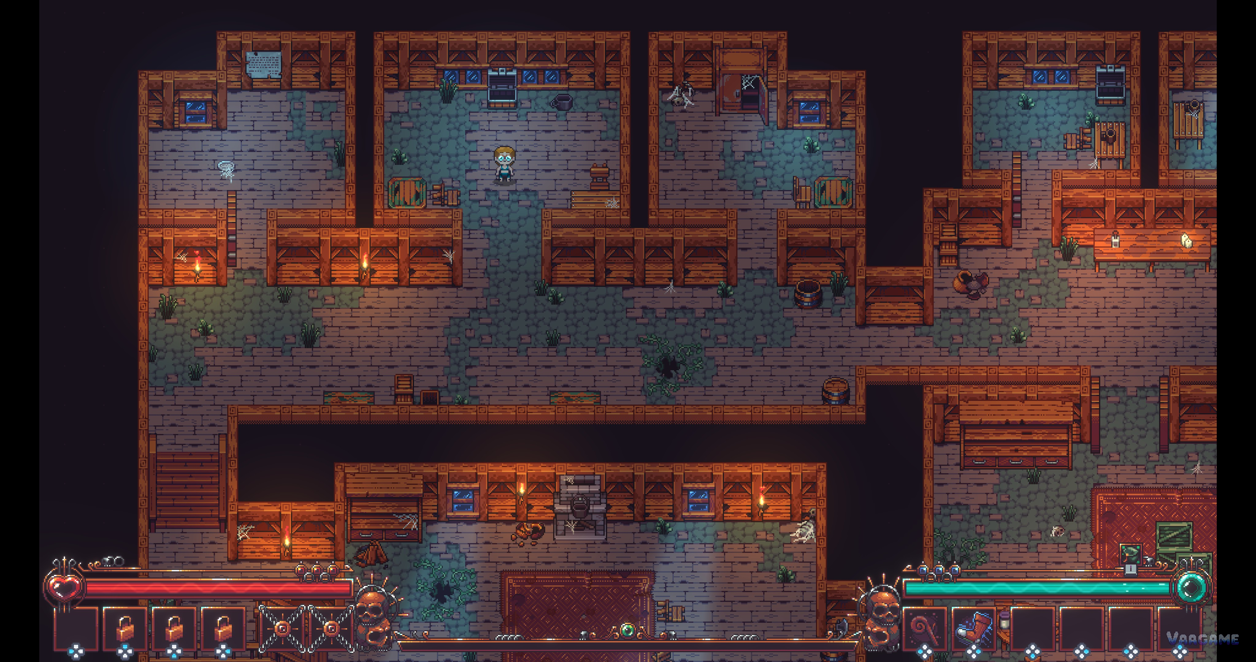 A large multi-room estate interior: storage rooms, workbenches and a fireplace hall