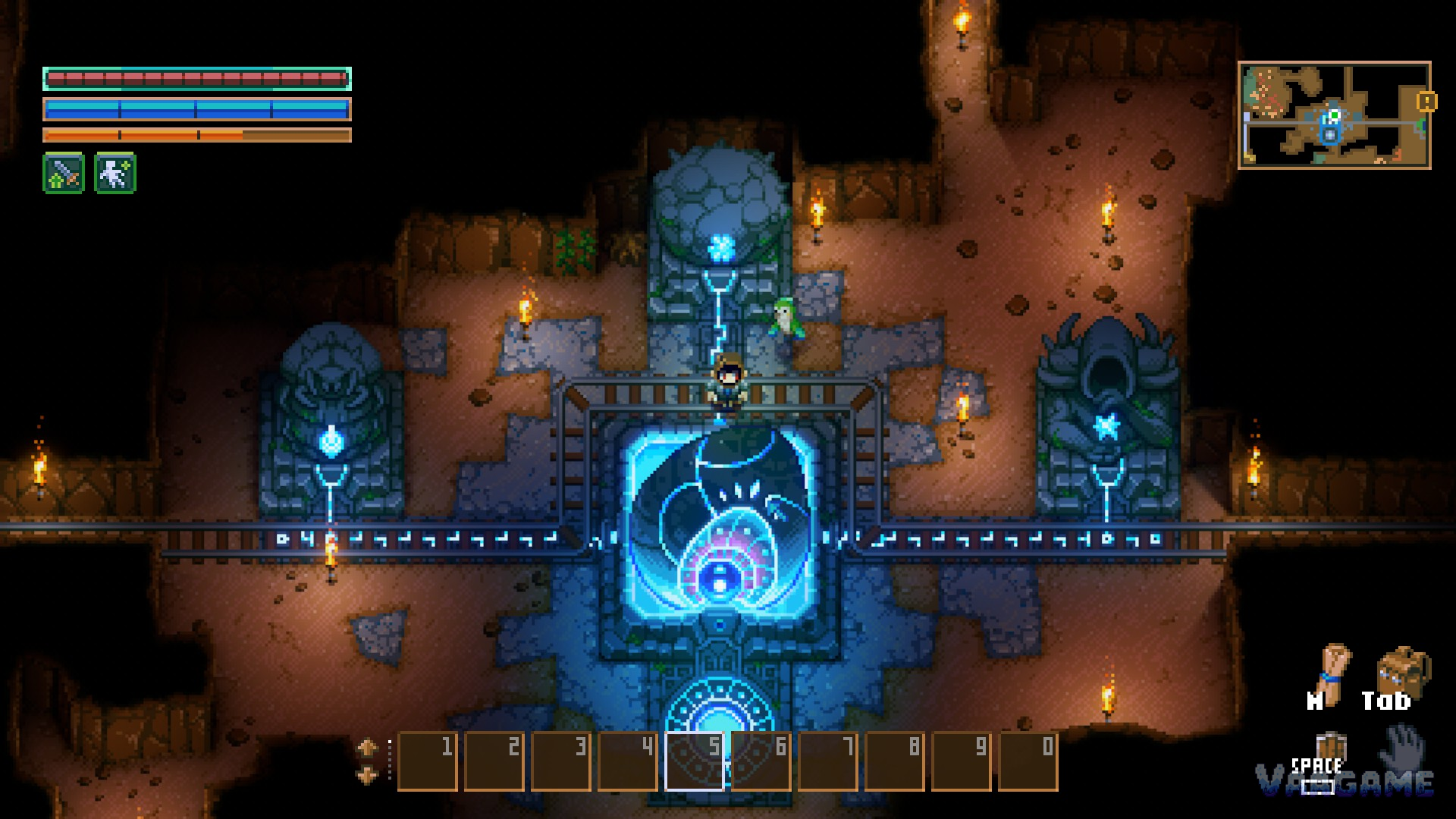 The dormant Core in its dirt chamber, three unlit statues around it and a minecart track crossing in front