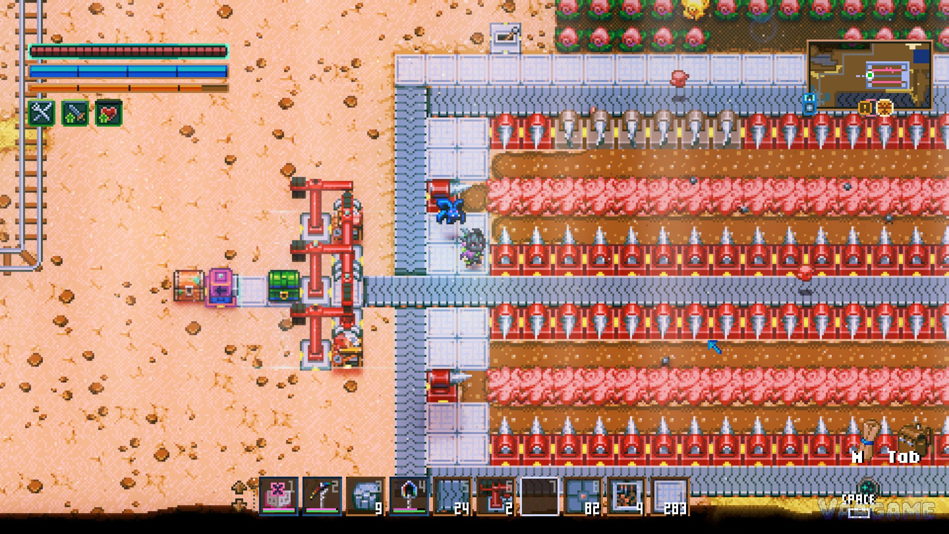 An automated farm line up close: drills and conveyor belts harvesting rows of pink crops