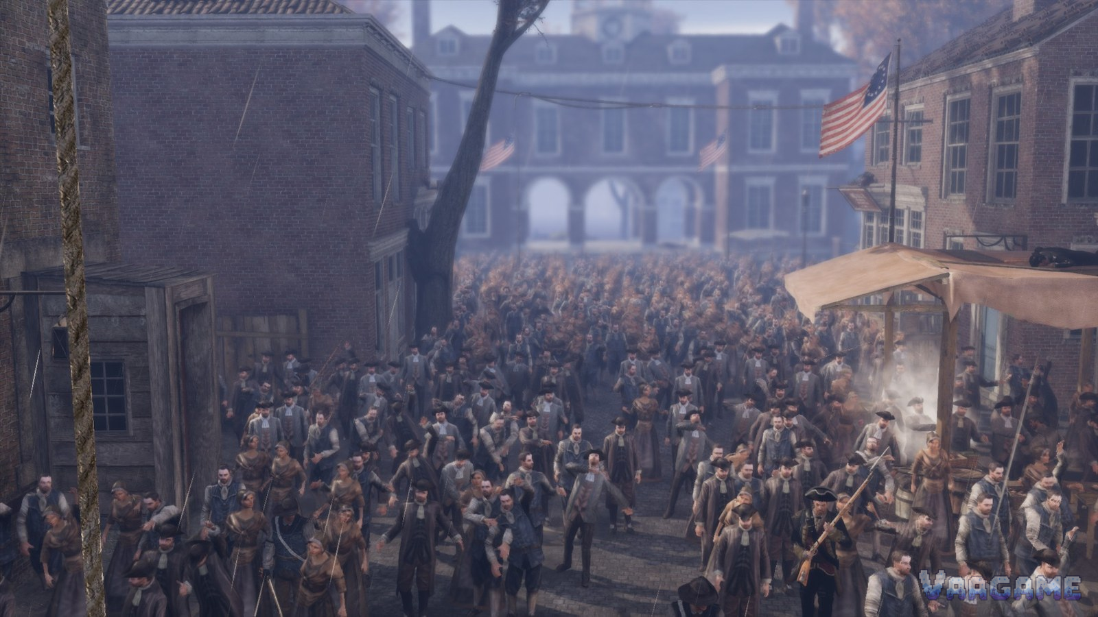 Assassins Creed III player screenshot: a crowd fills a Boston street