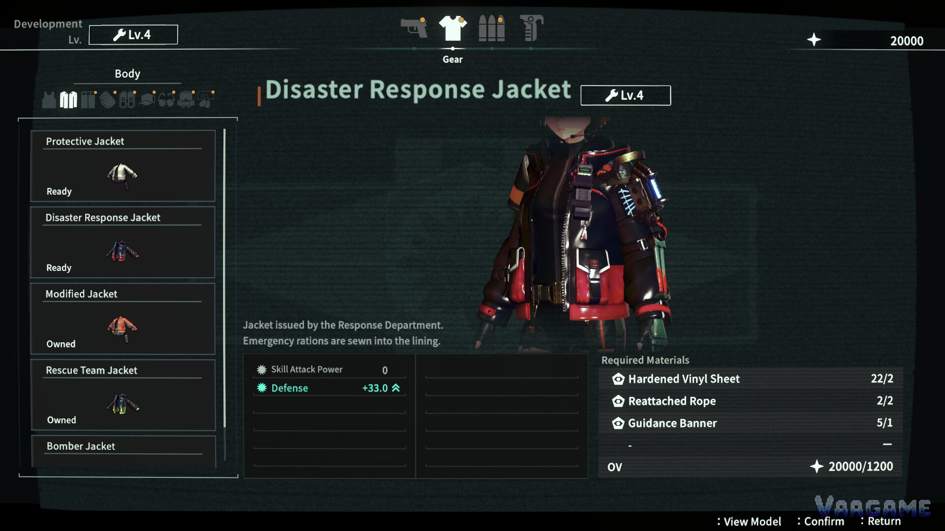 Gear development UI showing Disaster Response Jacket Lv.4 with Defense +33.0 and materials