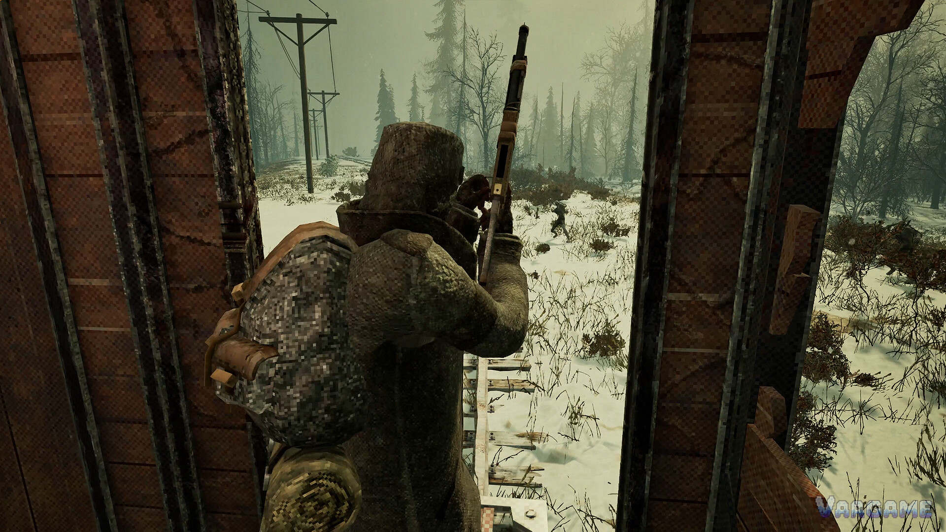 A survivor aiming a rifle from a train doorway in Frostrail