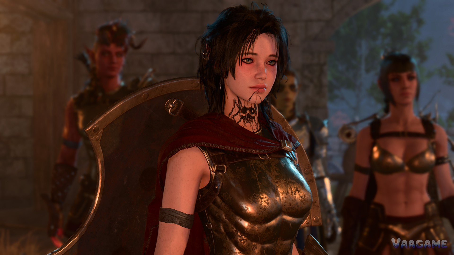 Party of three characters standing in camp