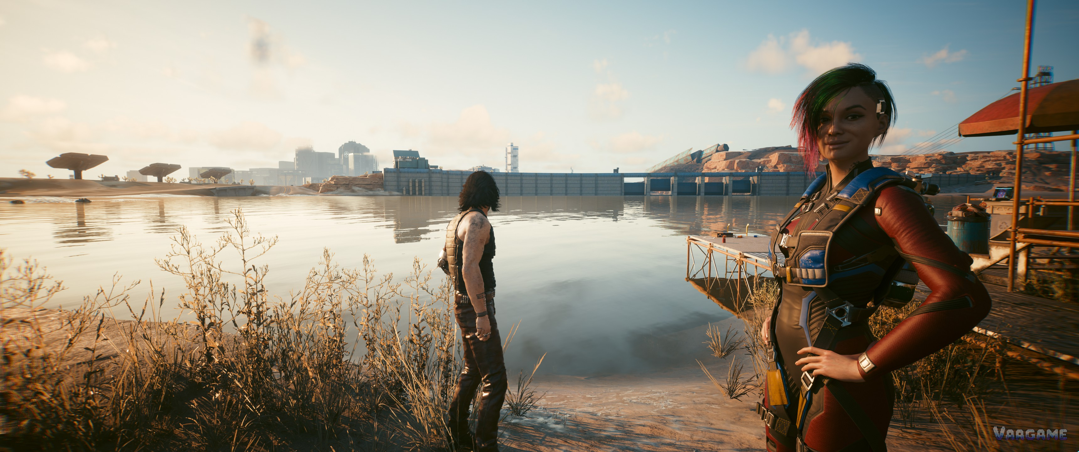 V and Johnny Silverhand by a lake in Cyberpunk 2077