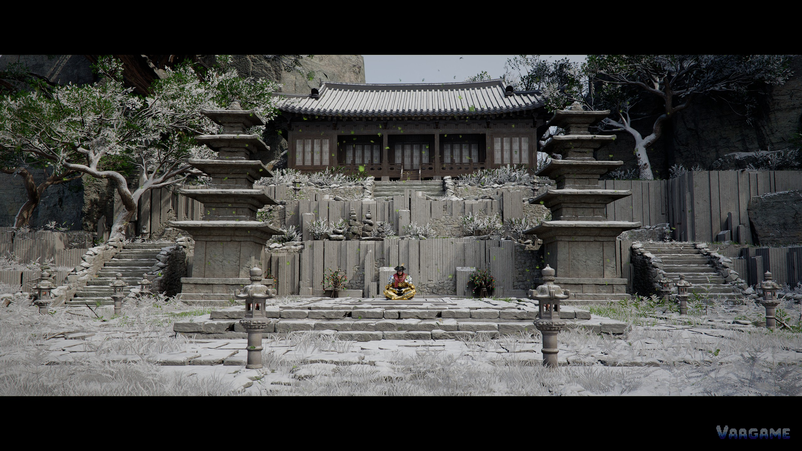 Crimson Desert temple courtyard with stone pagodas and a seated figure