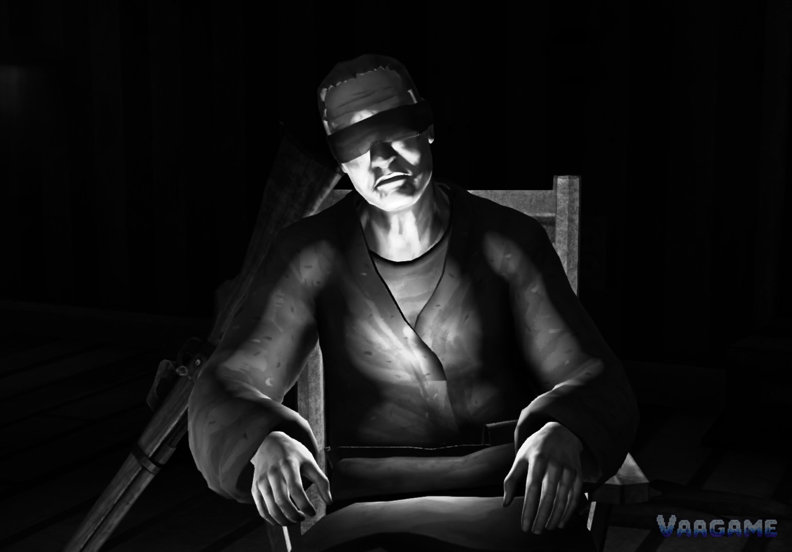 Blindfolded woman in a dark room story scene