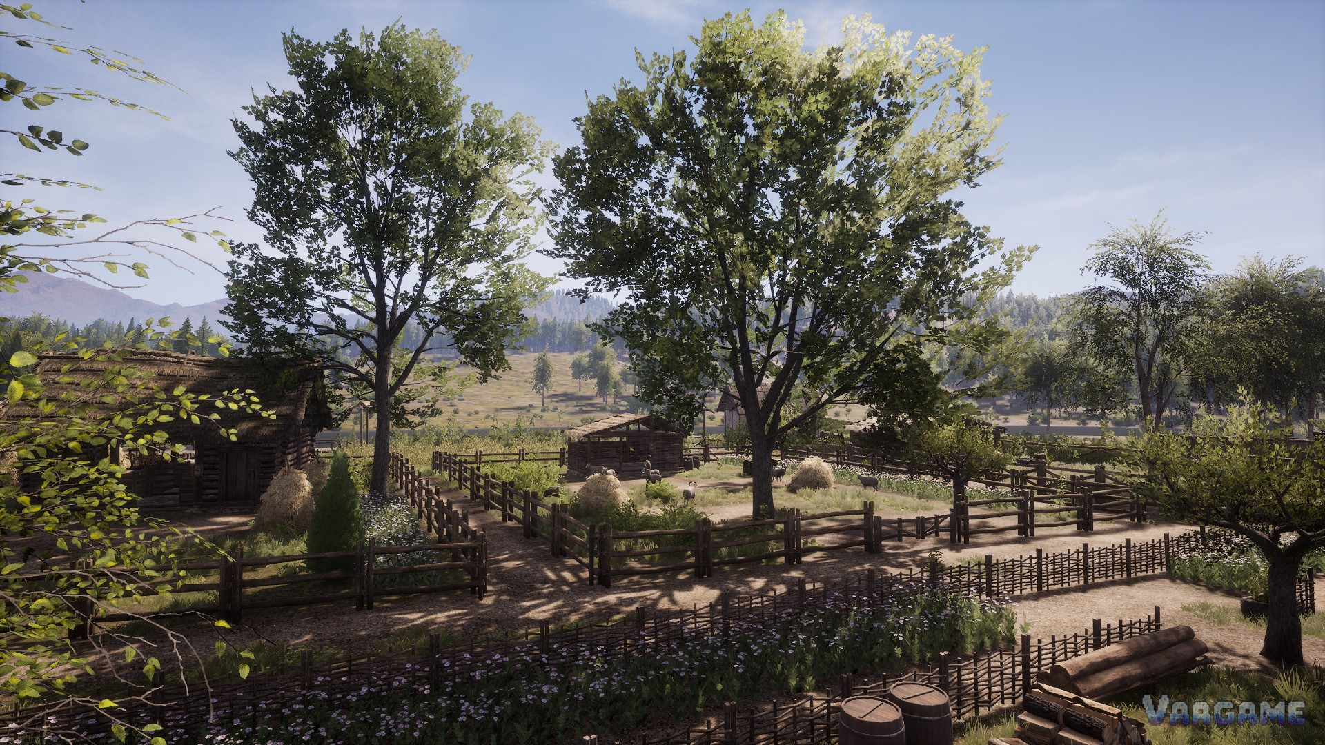 Fenced animal pens with sheep and pigs and haystacks