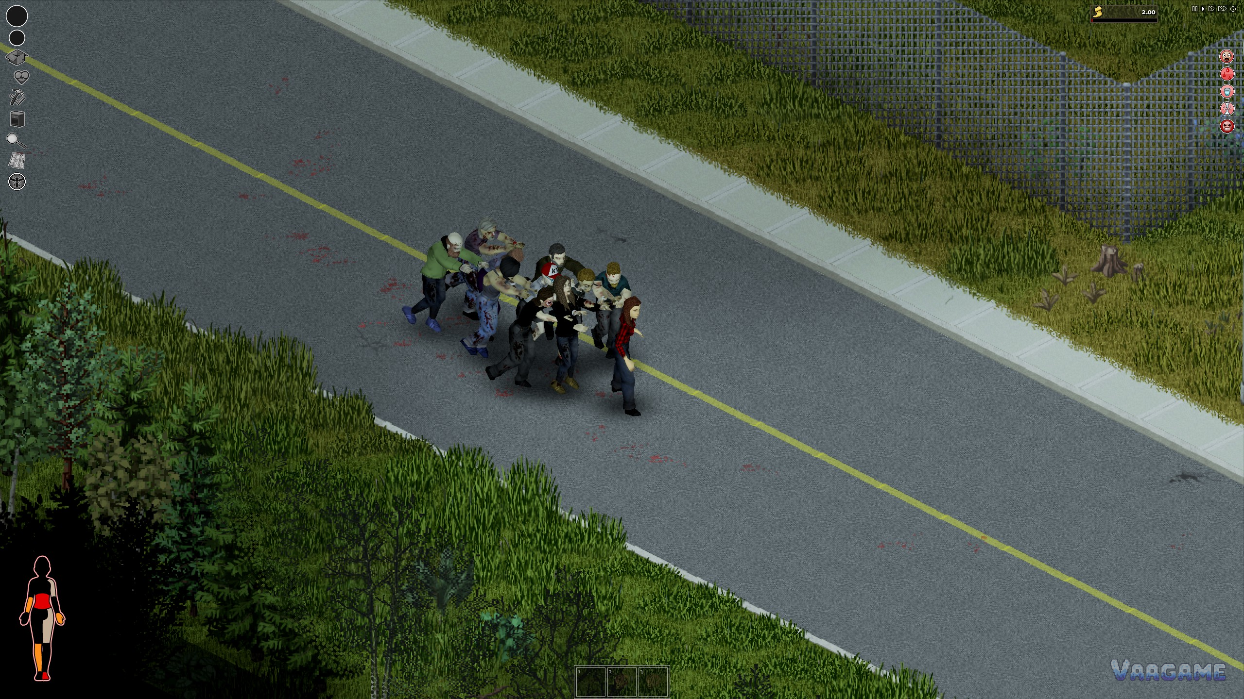 A survivor walking a road with a horde behind her, the Mini Health Panel silhouette visible at lower left