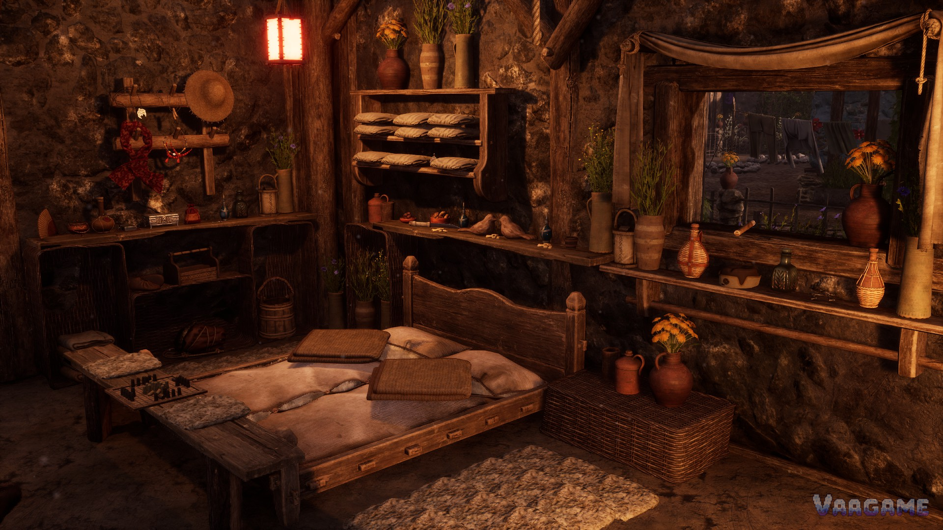 Furnished house interior with a bed and shelves