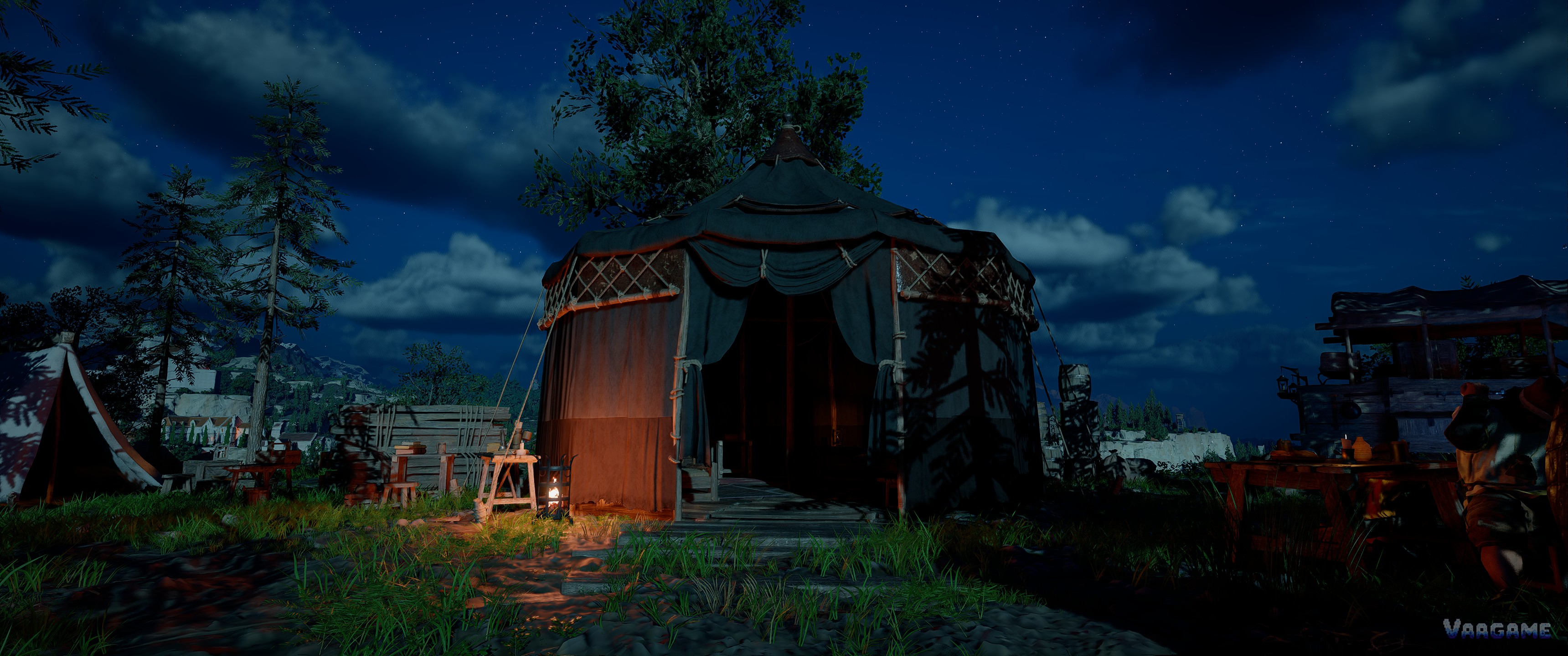 Crimson Desert camp tent at night under a starry sky
