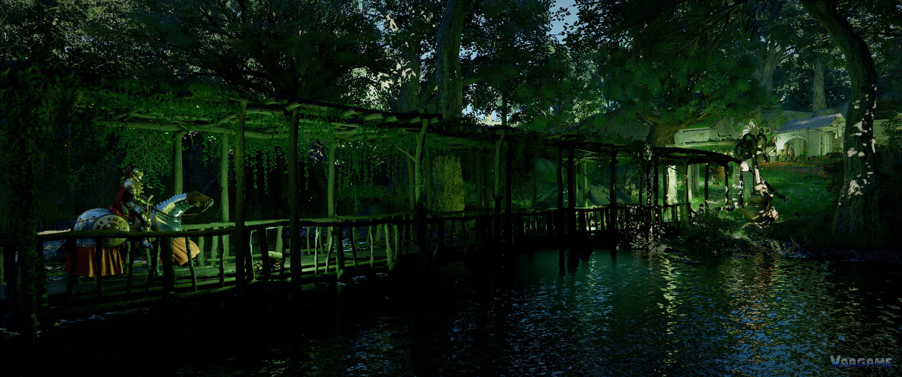 Crimson Desert rider crossing a wooden bridge over water at night