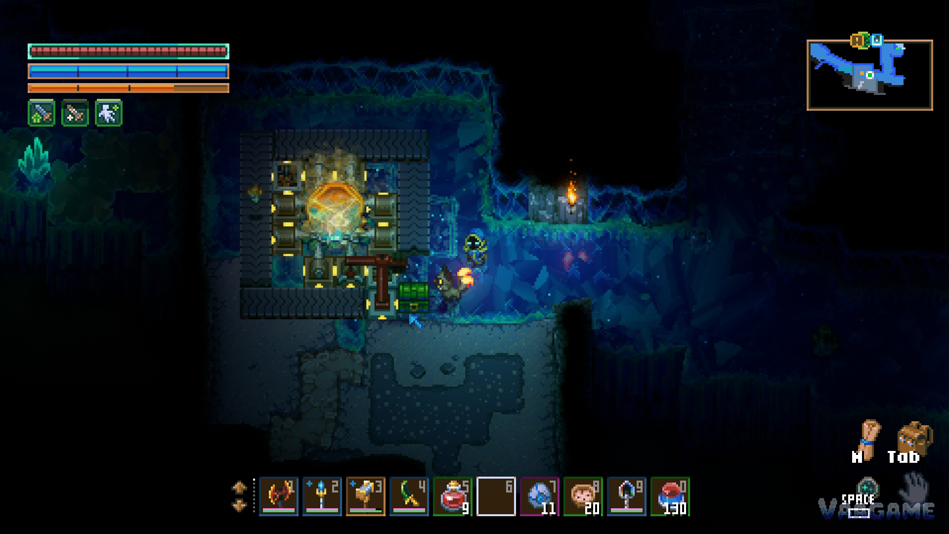An automated line in a crystal cave: drills, conveyors and mechanical arms on a giant ore boulder, a lantern dog waiting alongside