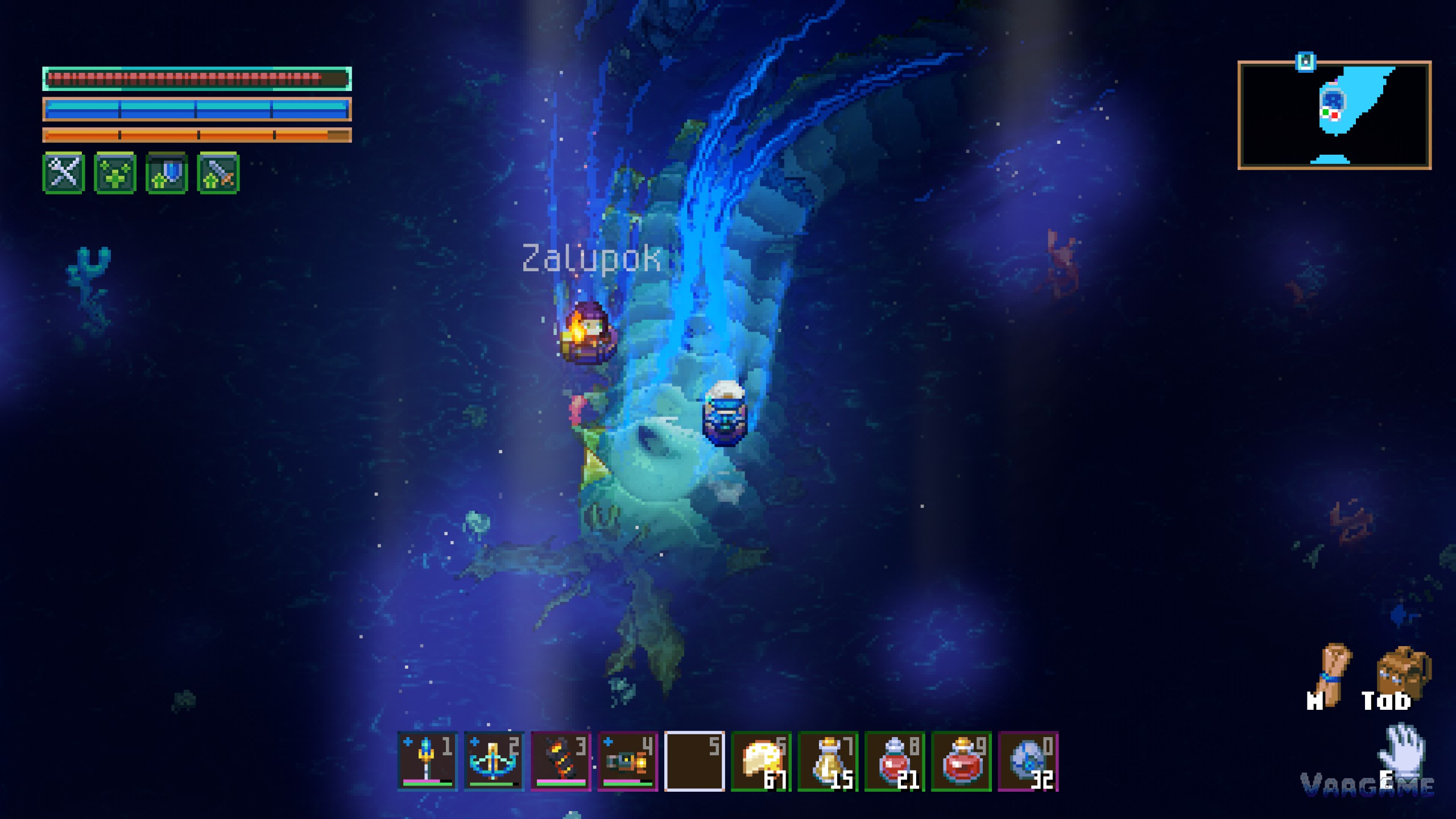 Two players in separate boats facing down Omoroth on the open sea