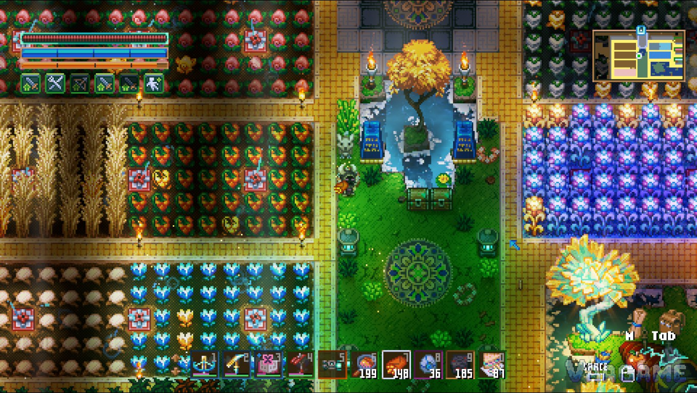 A four-zone farm with heart berries, glowing tulips, wheat and crystal flowers, each zone sprinkled