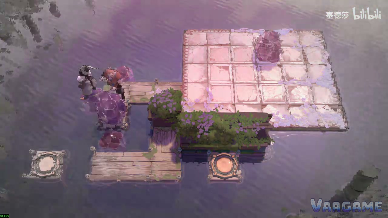 Two heroes wait on a dock beside a floating platform in Heroes and Water