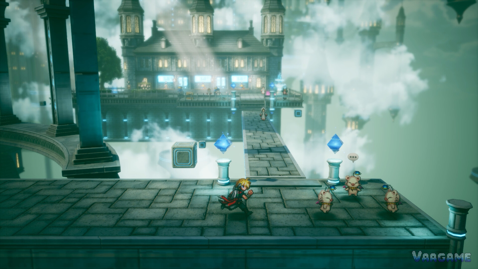 The hero crosses a stone terrace with moogles in a cloud wrapped city in Final Fantasy Resonance