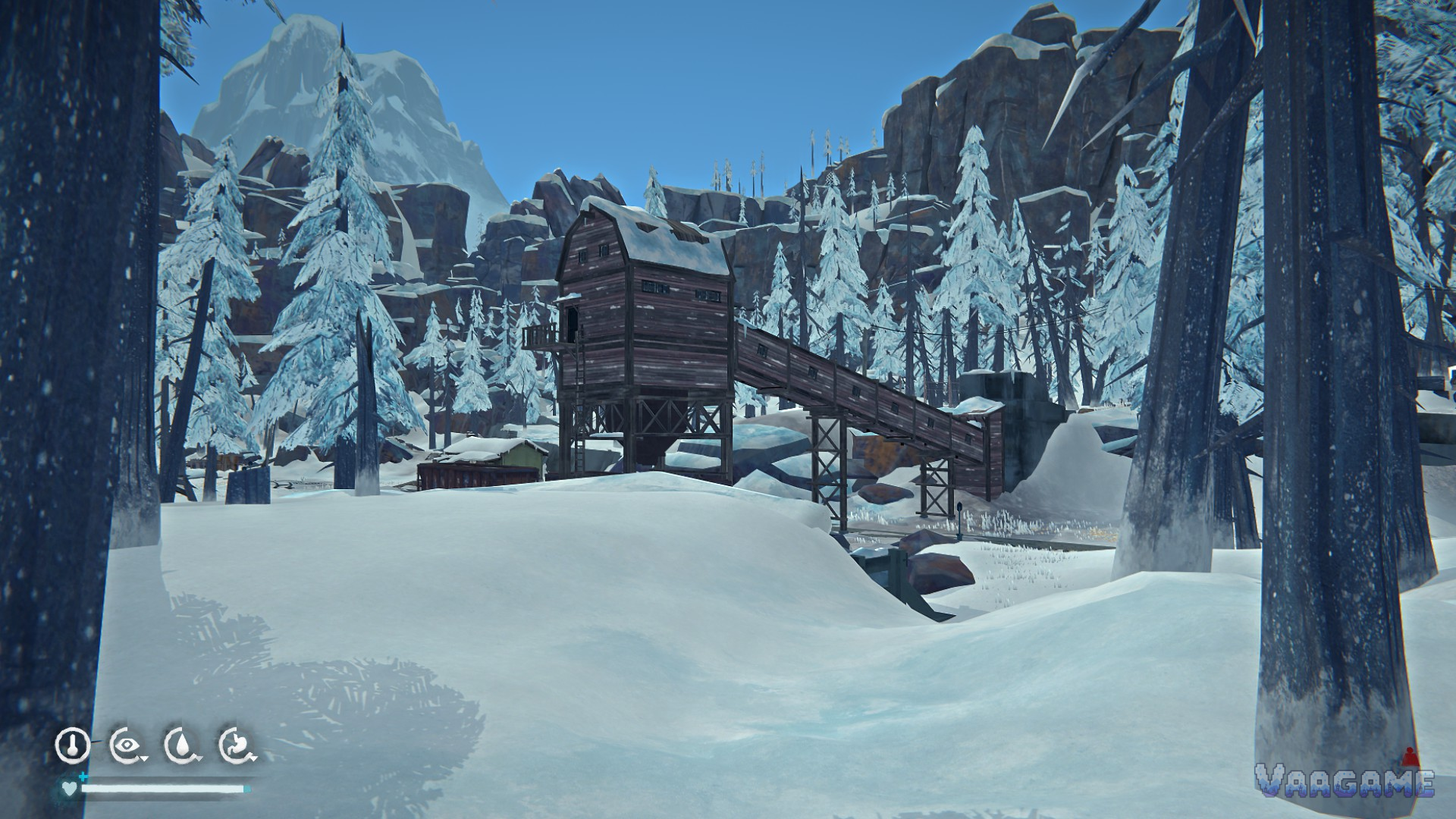 Wooden mine building in deep snow