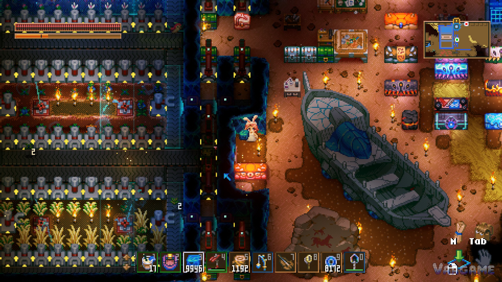 A giant stone boat moored inside a finished base, drill and conveyor lines running beside it
