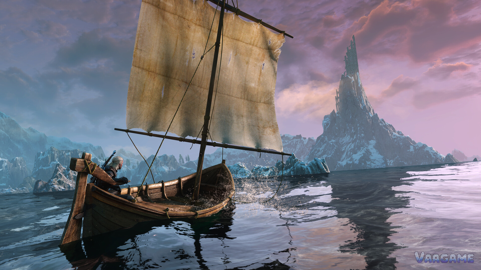 Geralt sailing a small boat toward a snow-covered peak topped by a ruined tower in Skellige
