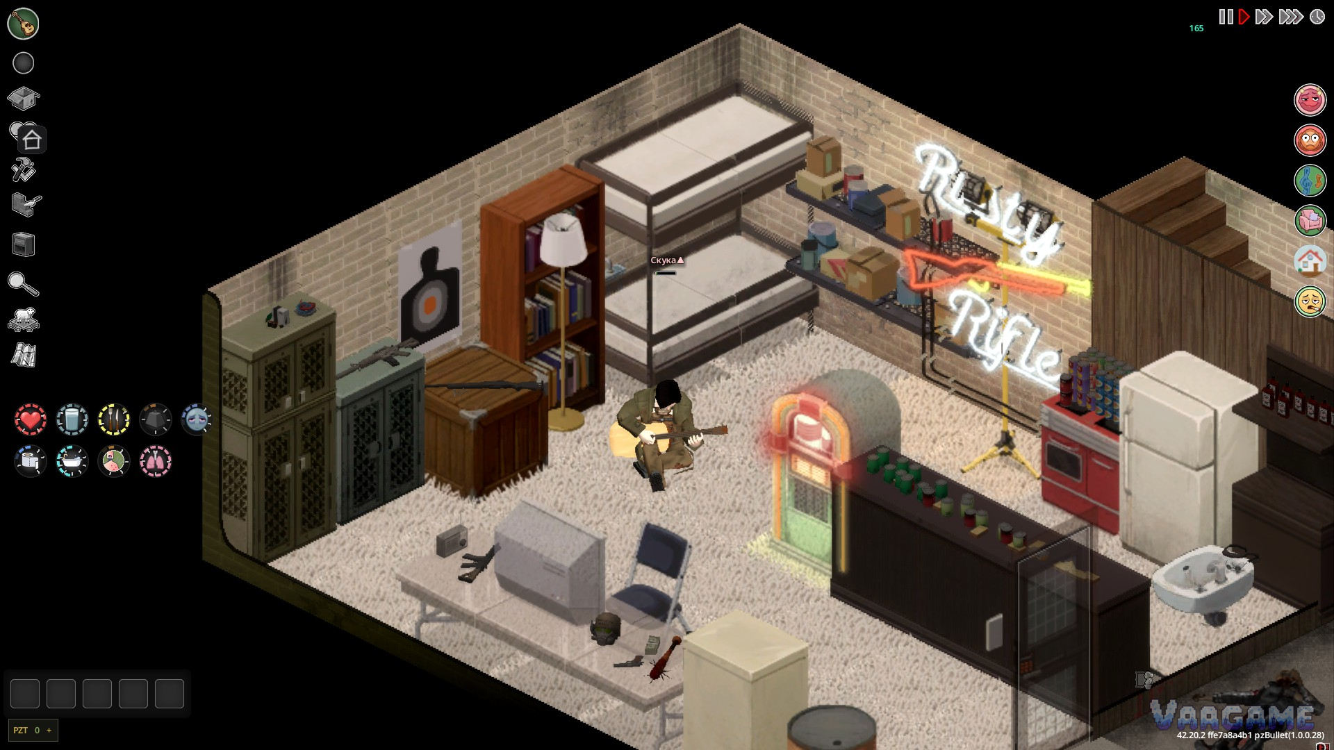A bunker-style basement with bunks and a fridge