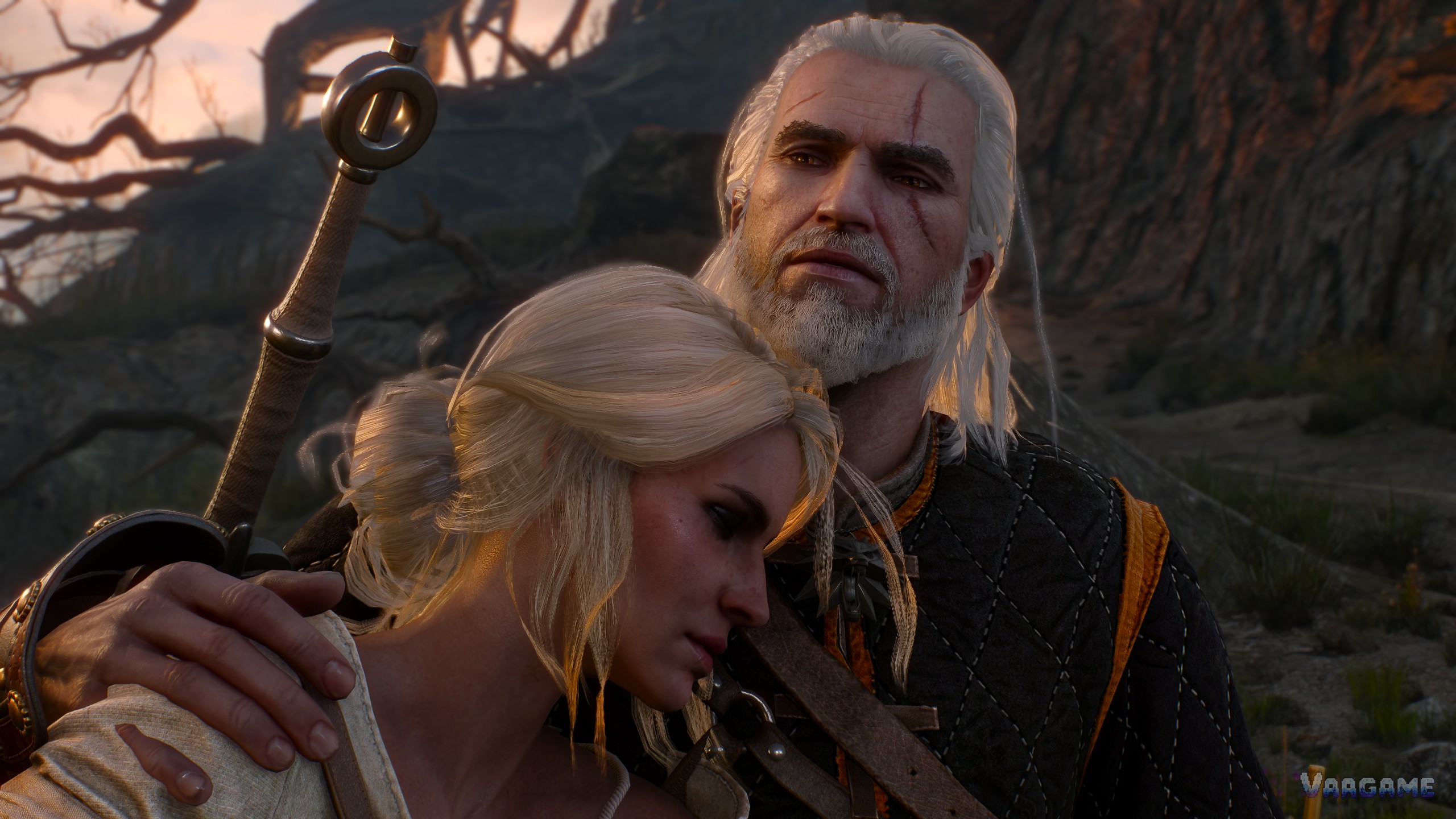 Geralt with his arm around Ciri at sunset