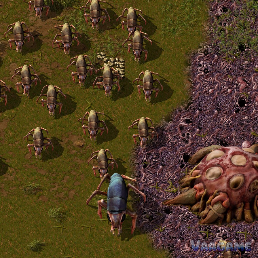 Factorio screenshot of biters walking onto purple creep terrain
