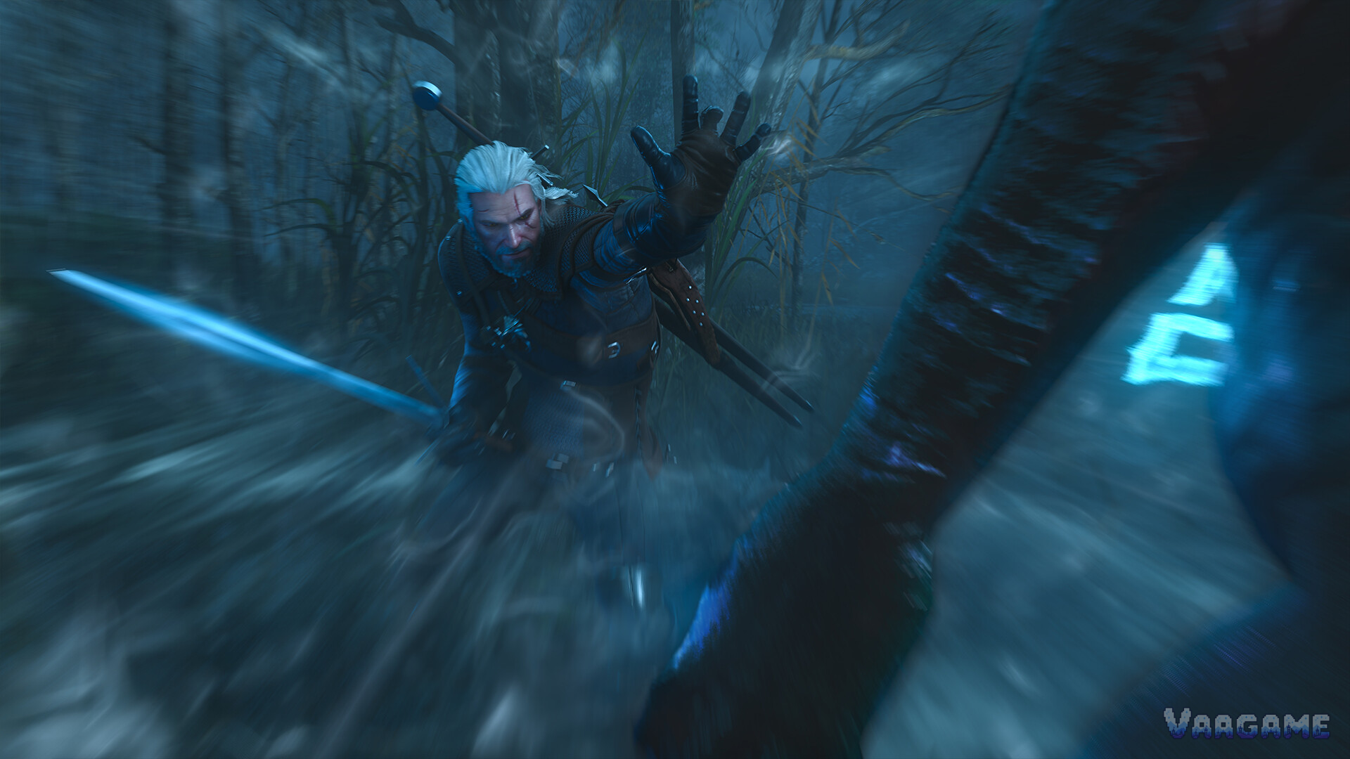 Geralt casting Aard, the telekinetic blast, at a spectre in a blue-lit swamp