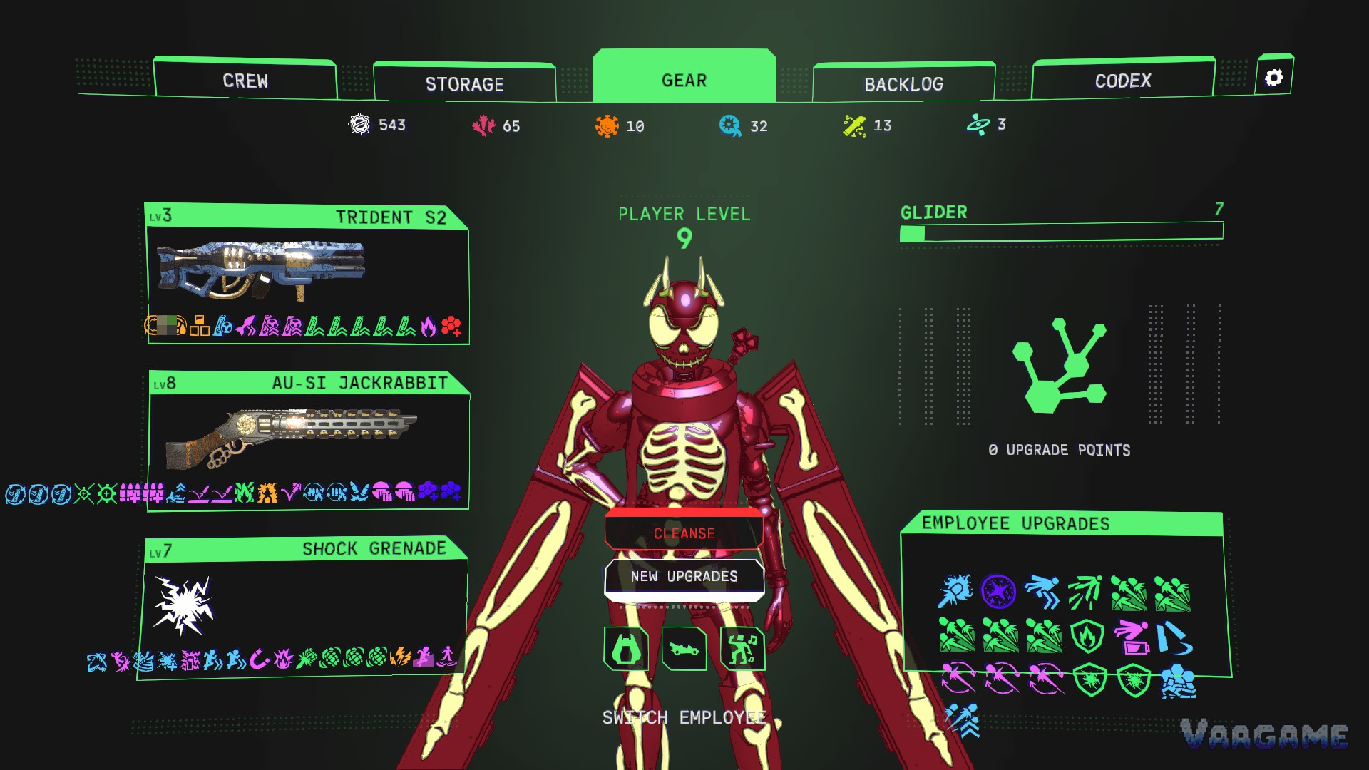 Glider loadout screen showing Trident and Au-Si Jackrabbit weapons