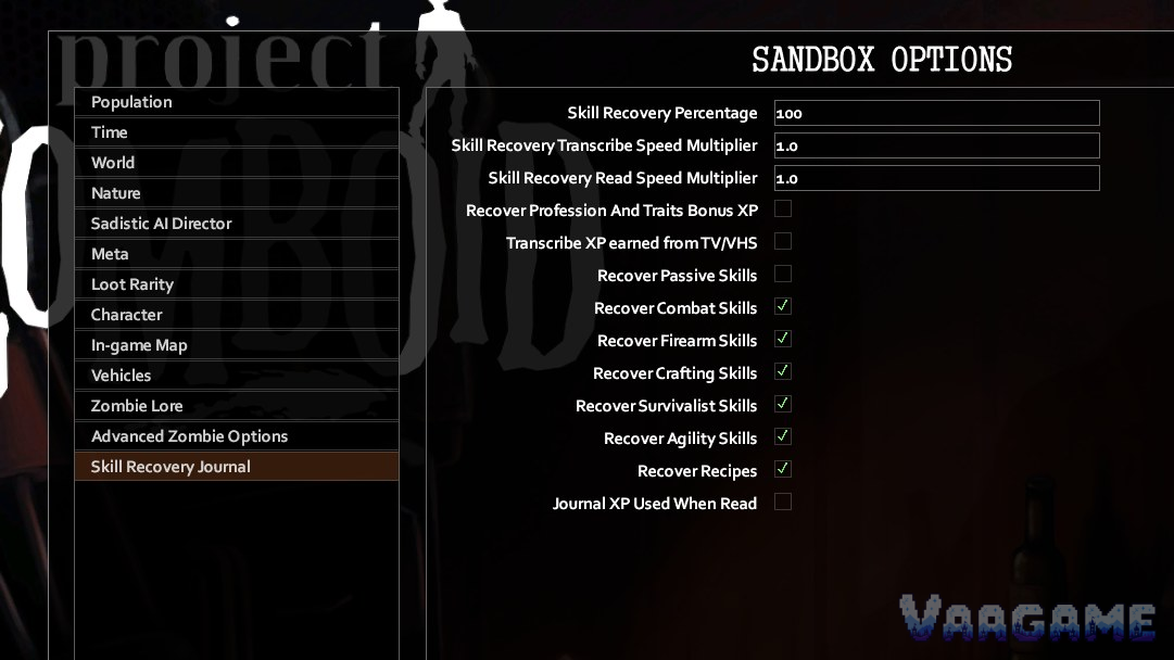 A mod's own page in the sandbox options: Skill Recovery Journal's recovery percentage and speeds