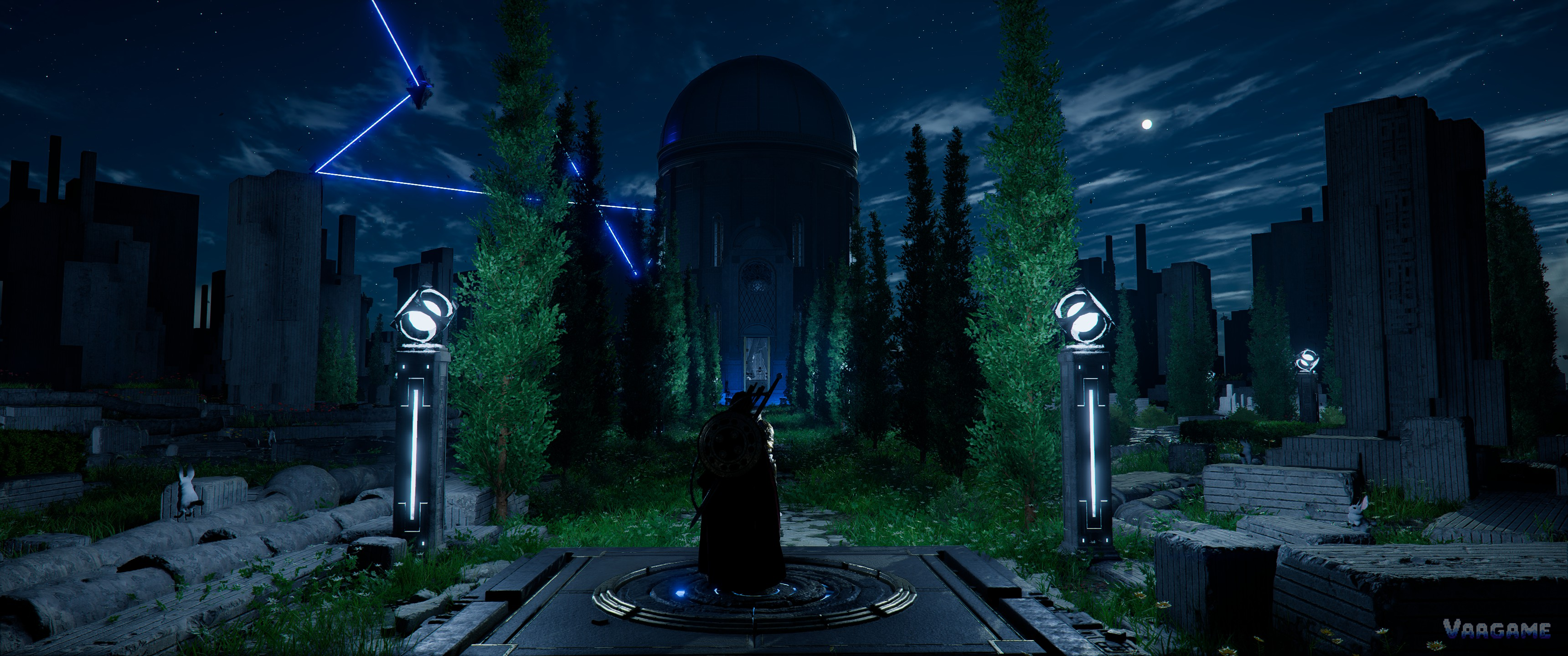 Crimson Desert night Abyss site with glowing pillars and a domed building