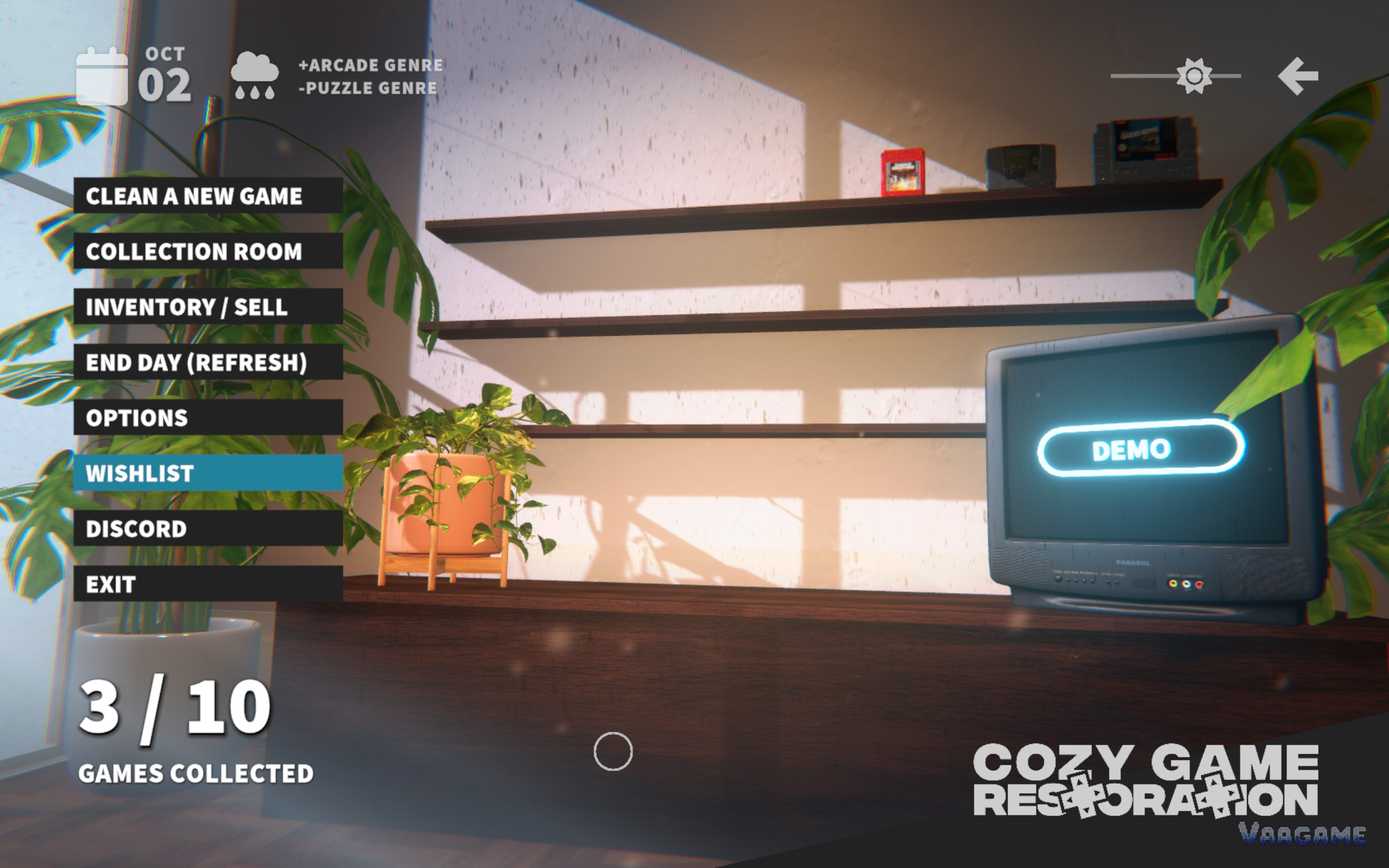 The main menu on day two: clean a new game, collection room, inventory and sell, end the day